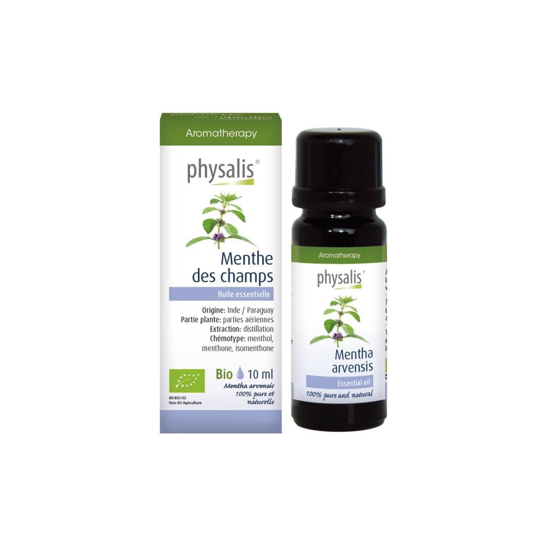Boîte et flacon. Boîte avec texte: Menthe des champs, 10 ml, Bio. Flacon avec étiquette.