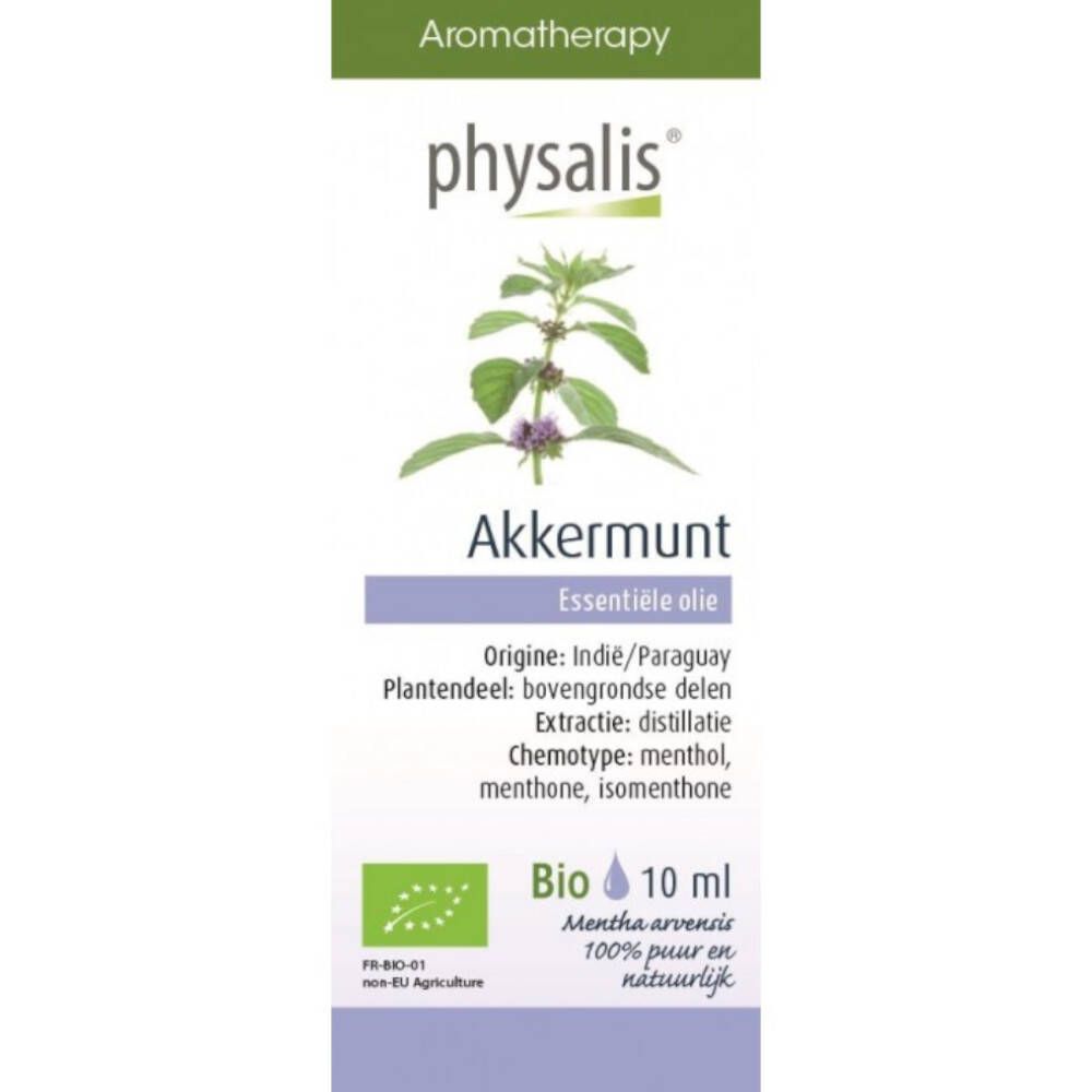 Flacon en verre brun avec bouchon noir. Étiquette avec plante, texte: Ackerminze, Bio, 10 ml.