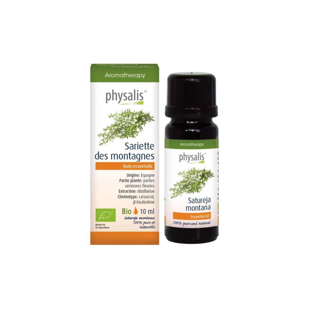 Boîte et flacon. Boîte avec logo, plante et texte: Sariette des montagnes, 10 ml. Flacon: Satureja montana.