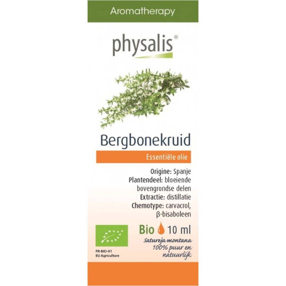 Flacon en verre brun avec bouchon noir. Étiquette avec logo, plante et texte: Bergboenkruid, 10 ml.