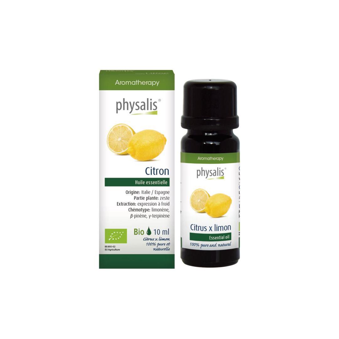 Emballage et bouteille du produit. Inscription : physalis, Citroen, Huile essentielle, Bio, 10 ml. Illustration de citrons.