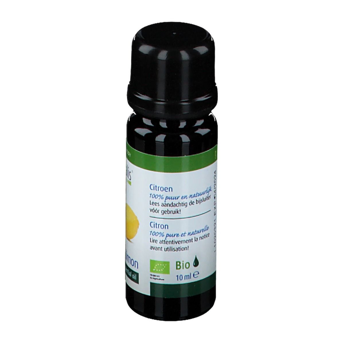 Petite bouteille noire avec étiquette verte. Inscription : Citroen, 100% pur et naturel, Bio, 10 ml. Vue arrière.