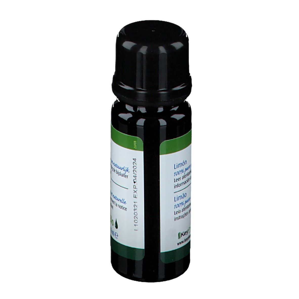 Petite bouteille noire avec étiquette verte. Inscription : Limón, 100% pur et naturel, Bio, 10 ml. Vue arrière.