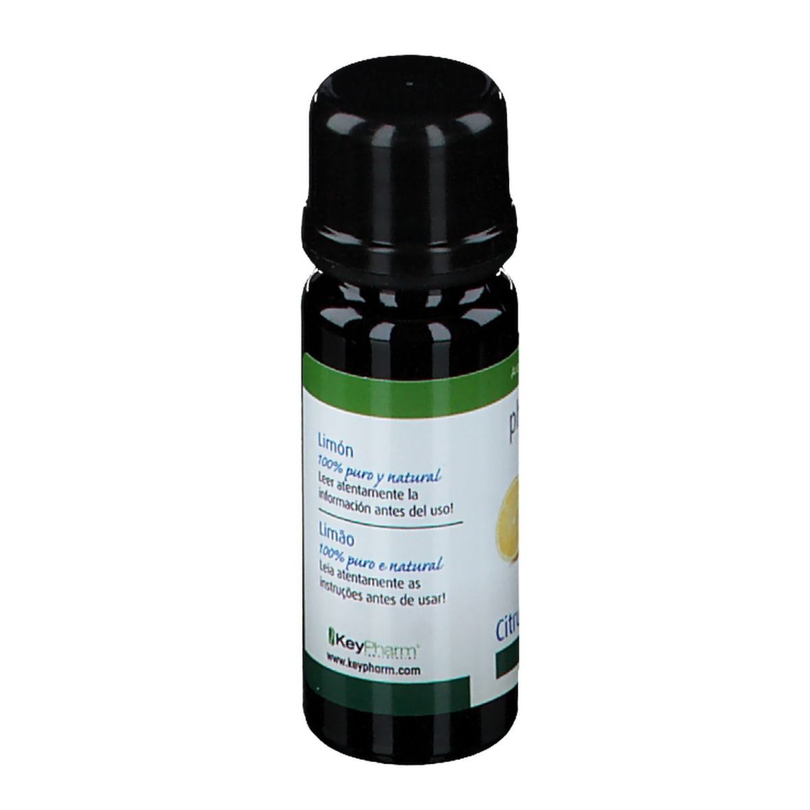 Petite bouteille noire avec étiquette verte. Inscription : Limón, 100% pur et naturel, Bio, 10 ml. Vue arrière.