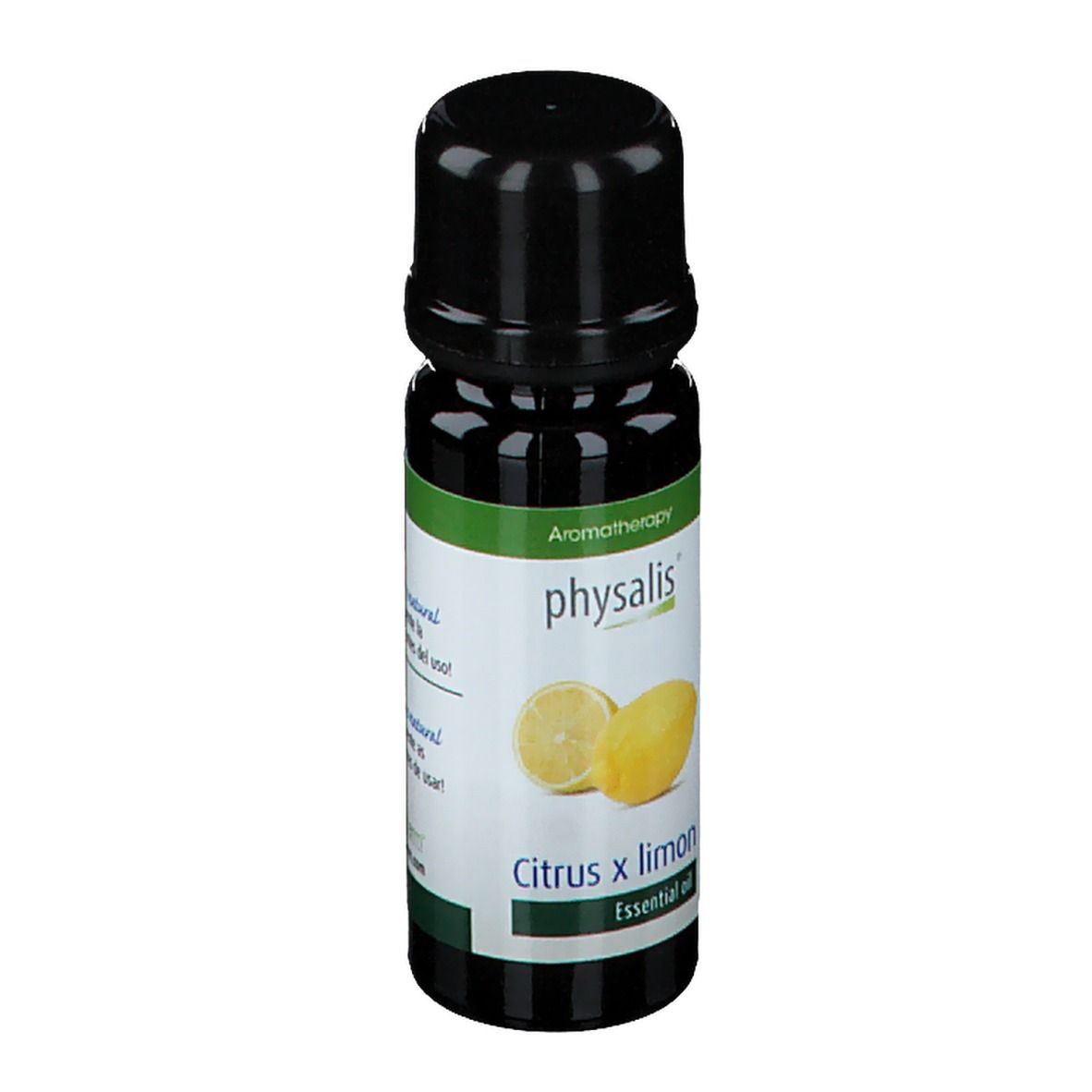 Petite bouteille noire avec étiquette verte. Inscription : physalis, Citrus x limon, Essential oil. Illustration de citrons.