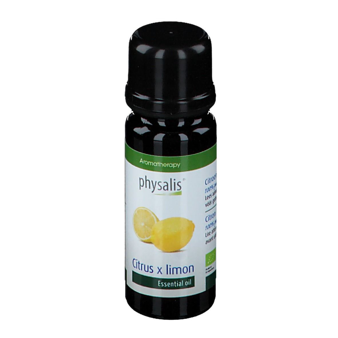 Petite bouteille noire avec étiquette verte. Inscription : physalis, Citrus x limon, Essential oil. Illustration de citrons.