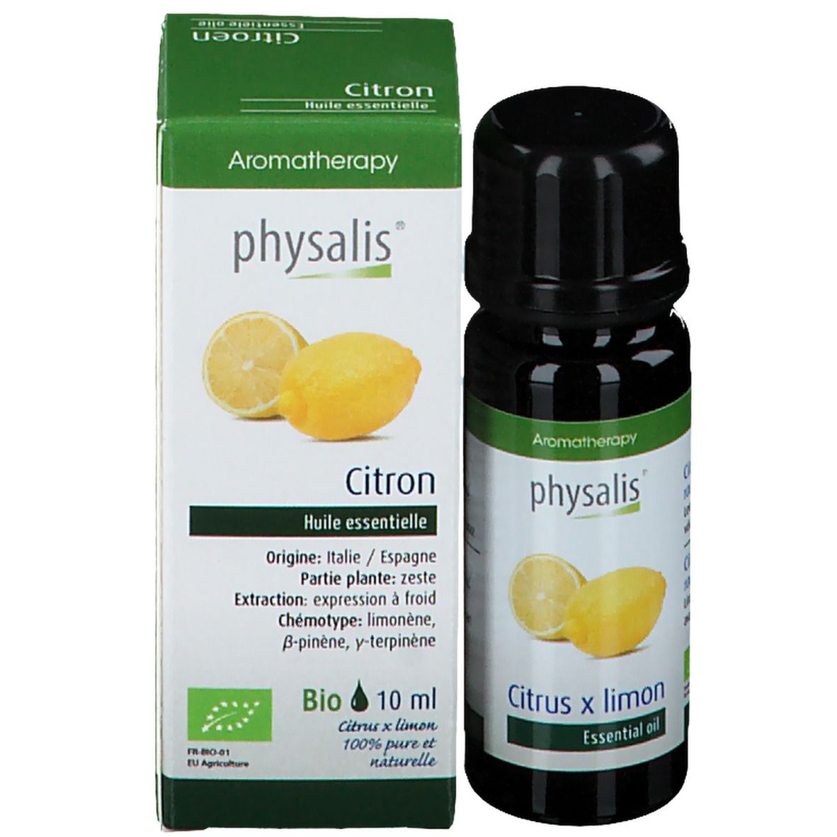 Emballage du produit avec bouteille. Inscription : physalis, Citroen, Huile essentielle, Bio, 10 ml. Illustration de citrons.
