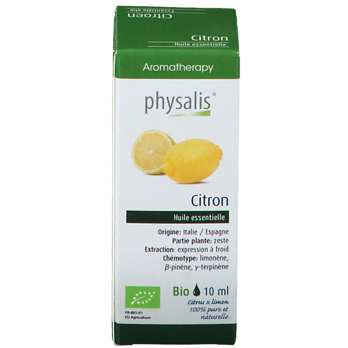 Emballage du produit avec bouteille. Inscription : physalis, Citroen, Huile essentielle, Bio, 10 ml. Illustration de citrons.