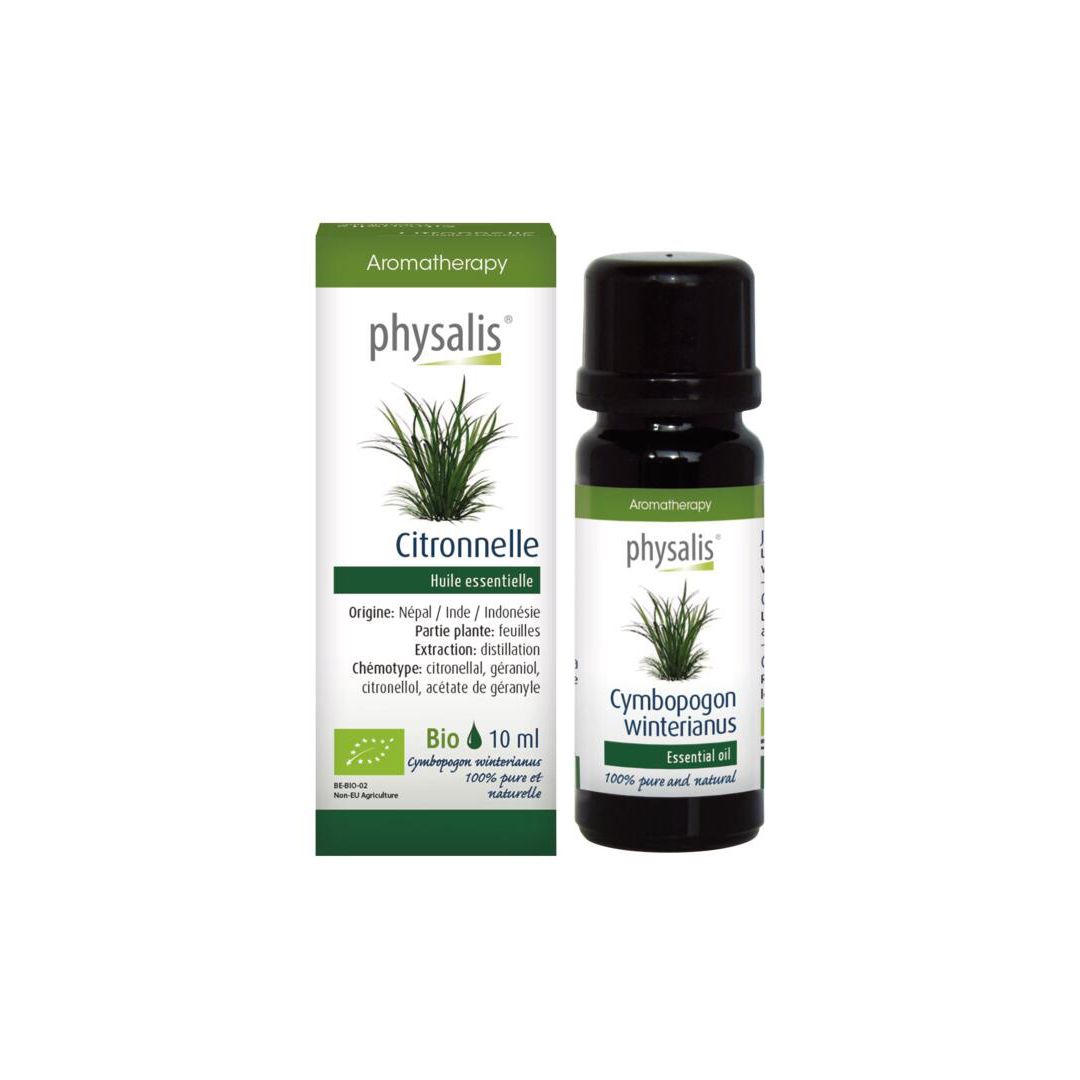 Flacon en verre brun avec bouchon noir et carton. Inscription : Physalis Citronnelle, 10 ml, certification Bio.