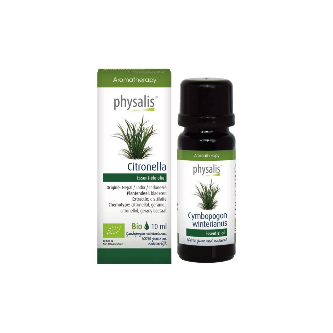 Bruin glazen flesje met zwarte dop en doosje. Opschrift: Physalis Citronella, 10 ml, Bio-certificering.