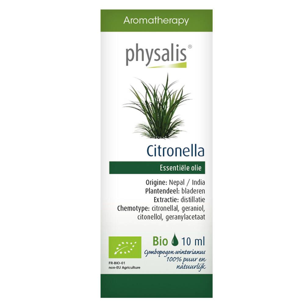 Flacon avec étiquette verte. Inscription : Physalis Citronnelle, 10 ml, certification Bio. Contient de l'huile essentielle.