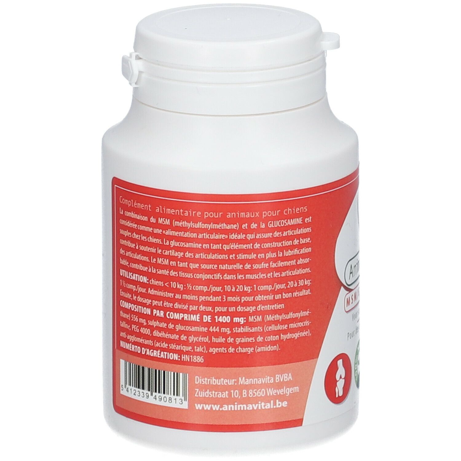 Dos d'un flacon blanc avec étiquette rouge. Texte : MSM et glucosamine pour chiens. Ingrédients, dosage.