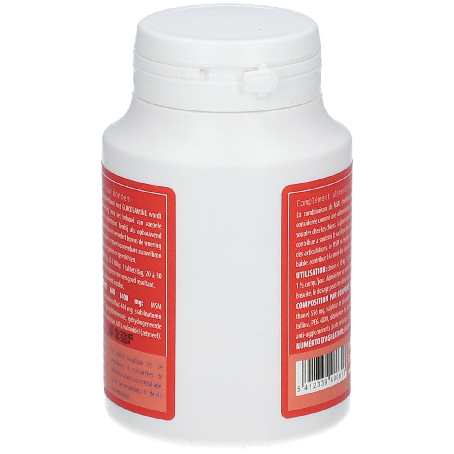 Dos d'un flacon blanc avec étiquette rouge. Texte : MSM et glucosamine pour chiens. Ingrédients, dosage.