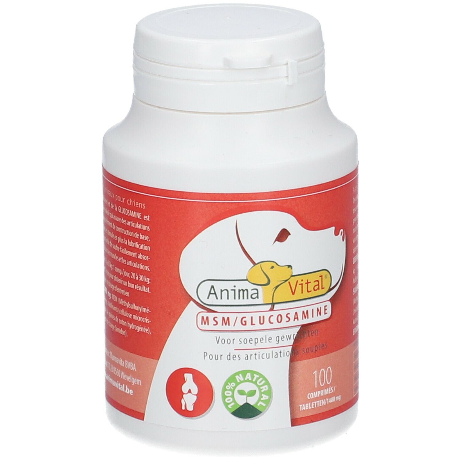 Flacon blanc avec étiquette rouge. Étiquette : Anima Vital, MSM/Glucosamine, chien, 100 comprimés.