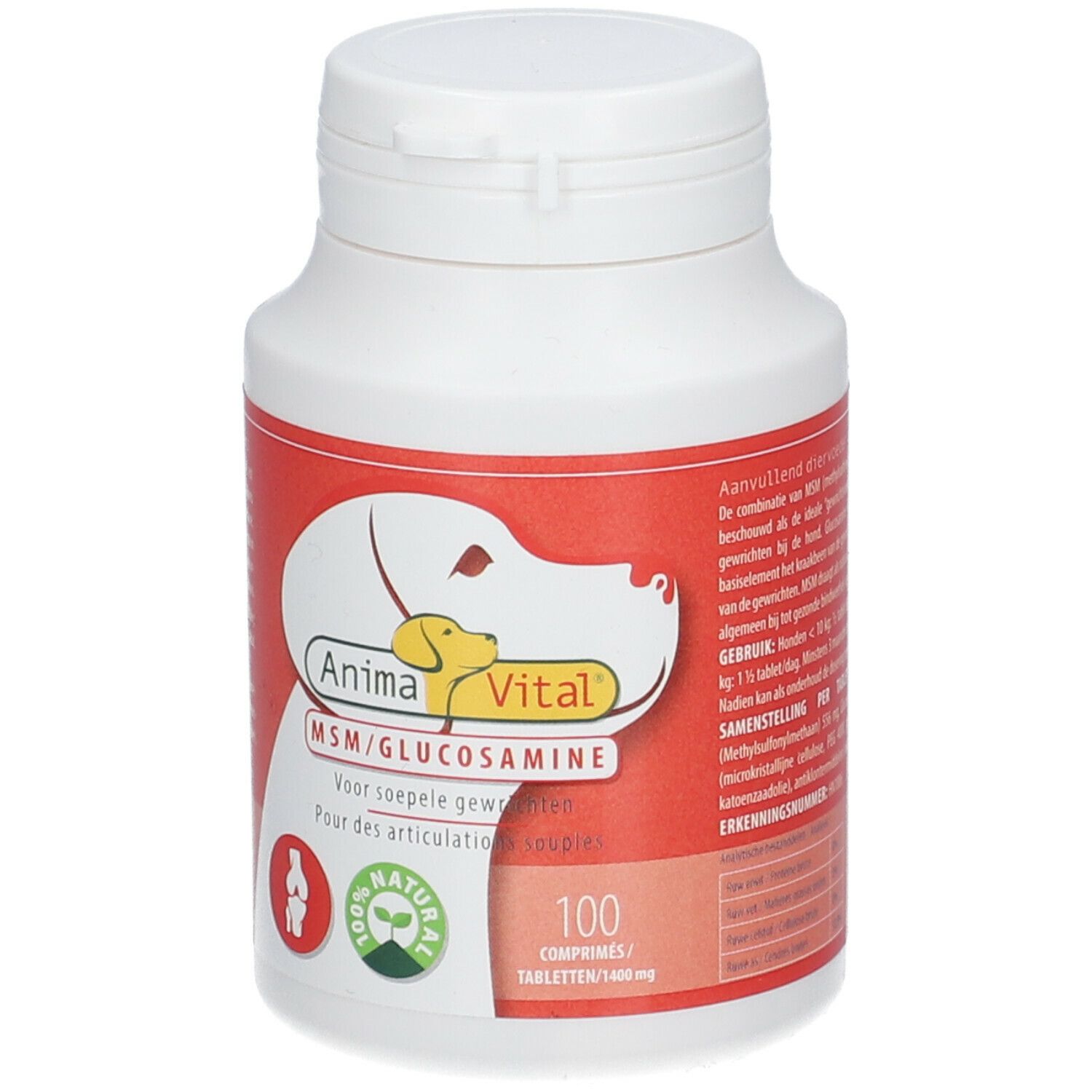 Flacon blanc avec étiquette rouge. Étiquette : Anima Vital, MSM/Glucosamine, chien, 100 comprimés.