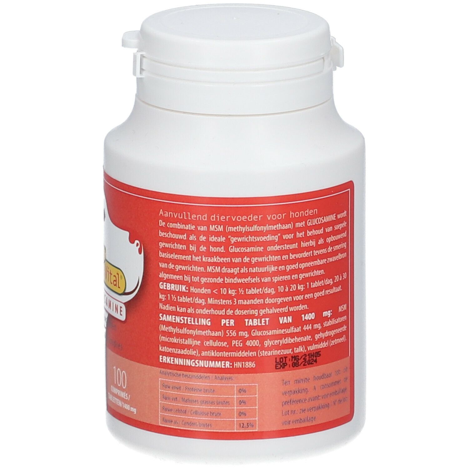 Dos d'un flacon blanc avec étiquette rouge. Texte : MSM et glucosamine pour chiens. Ingrédients, dosage.