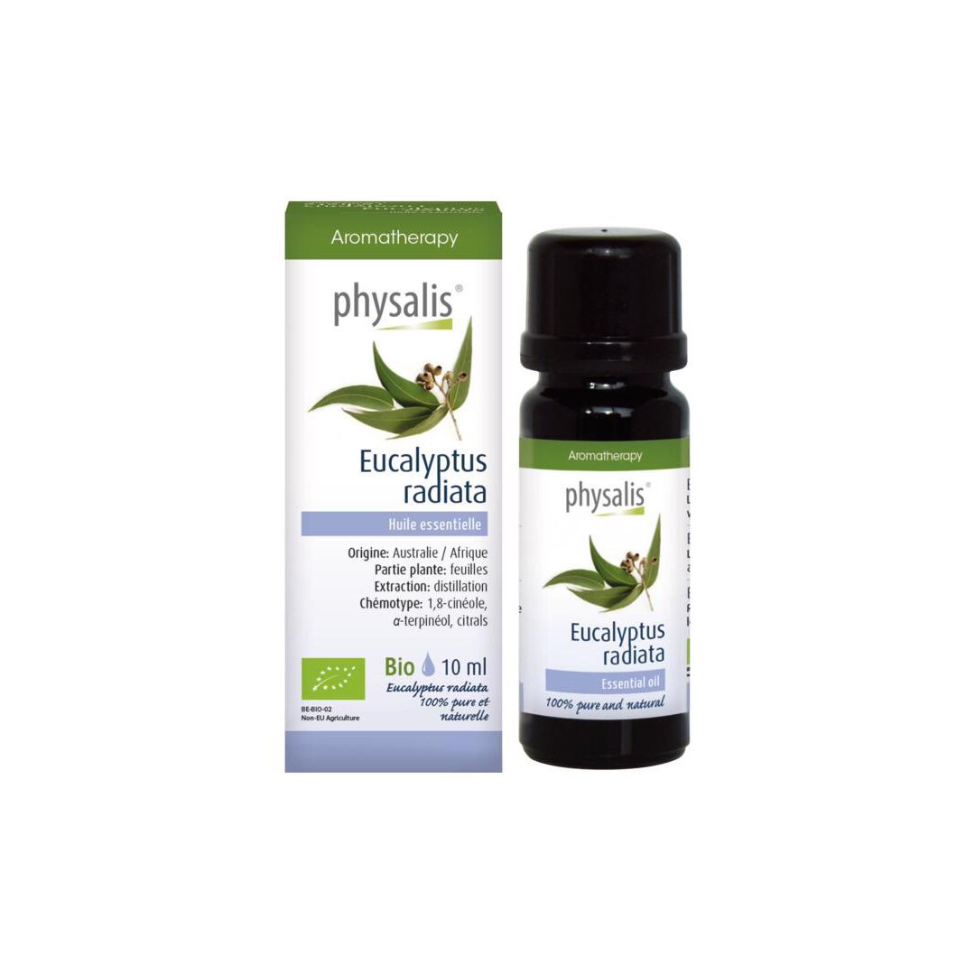 Étiquette avec informations produit. Contient Physalis, Eucalyptus radiata, certification Bio et 10 ml.