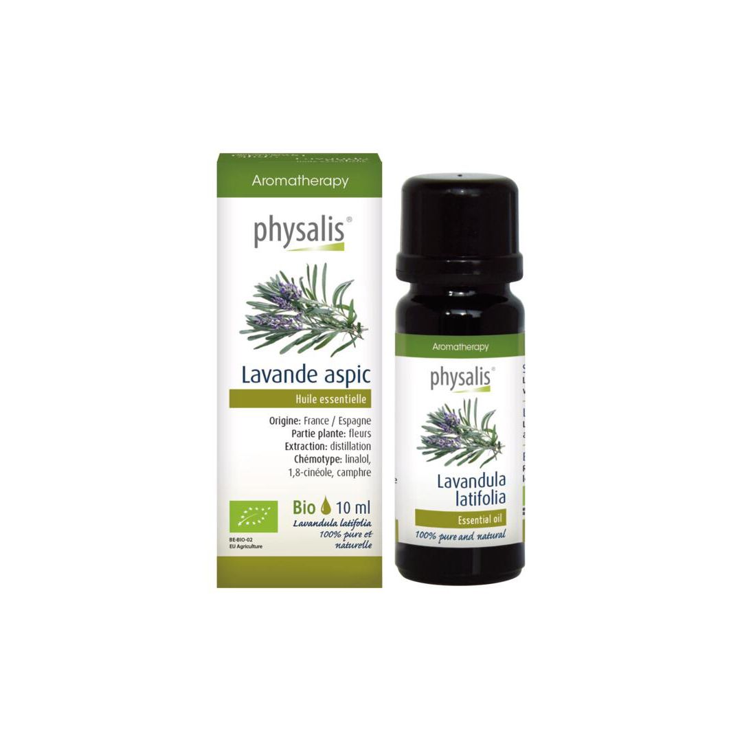 Huile essentielle Physalis Lavande aspic. Flacon et boîte. Certification bio. 10 ml.