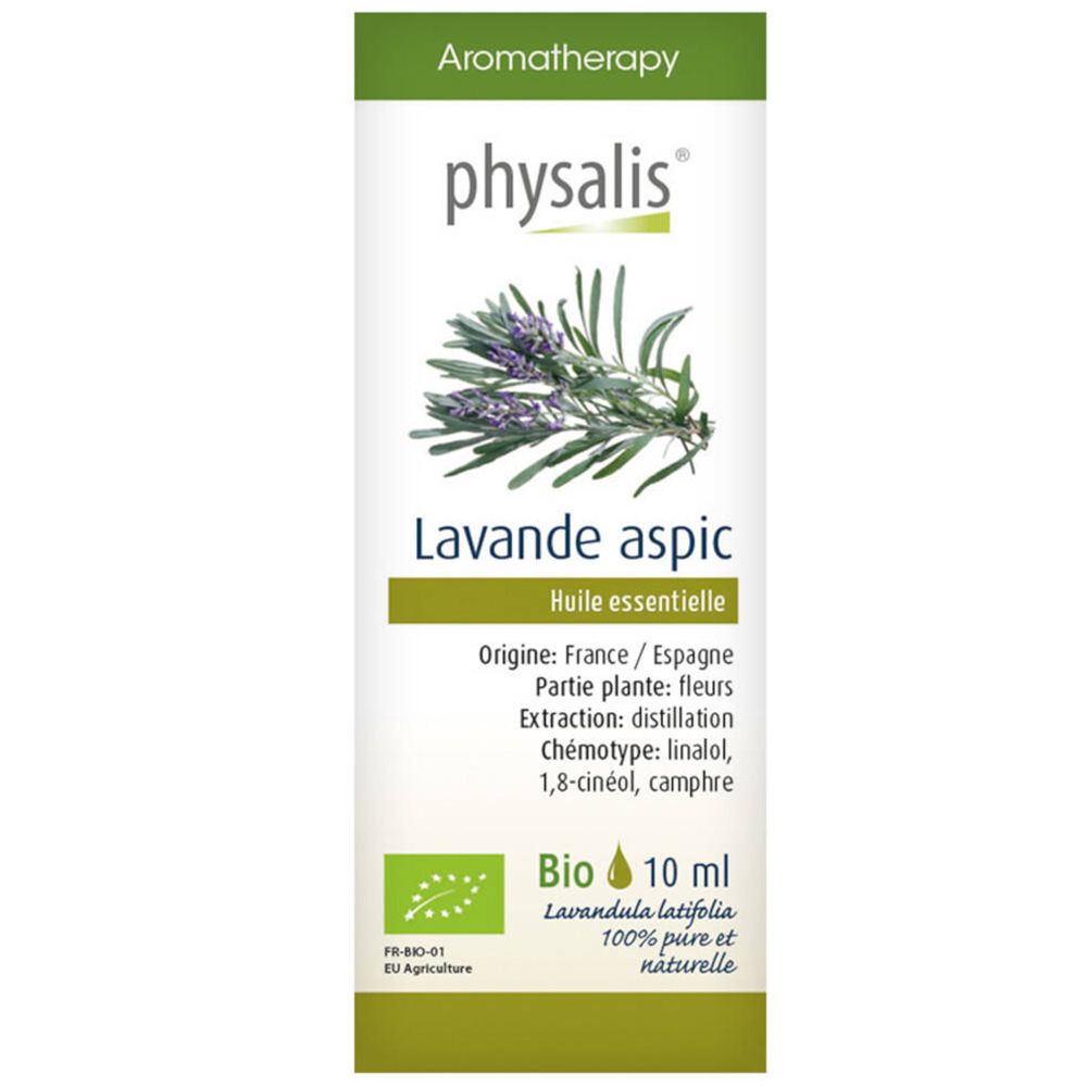 Huile essentielle Physalis Lavande aspic. Flacon avec étiquette. Certification bio. 10 ml.