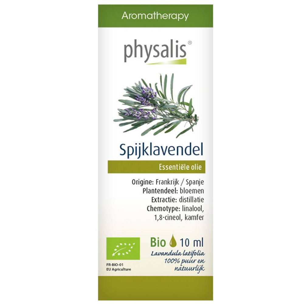 Huile essentielle Physalis Lavande aspic. Flacon noir avec étiquette. 10 ml. Certification bio.