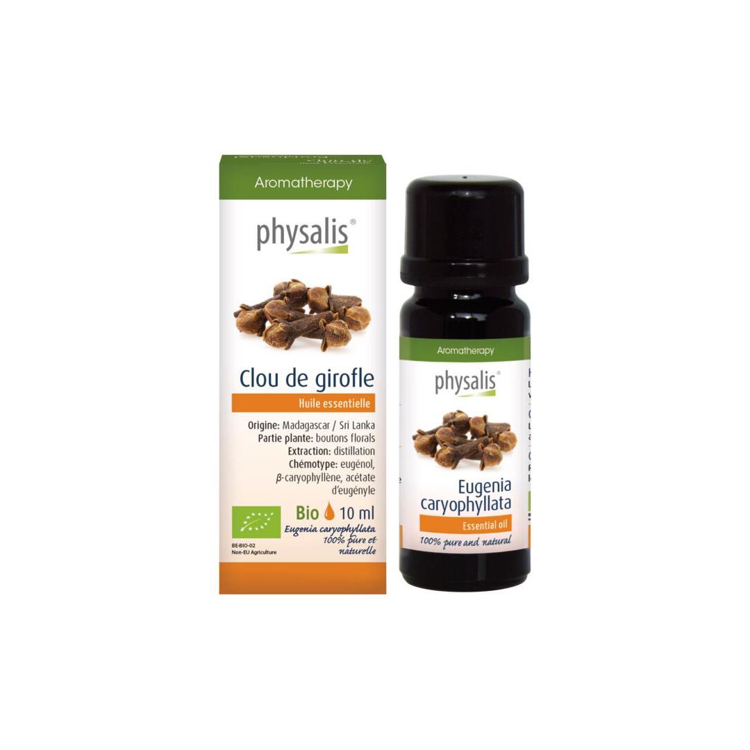Huile essentielle de clou de girofle. Flacon avec étiquette. Inscription : physalis, Clou de girofle, Huile essentielle, Bio, 10 ml.