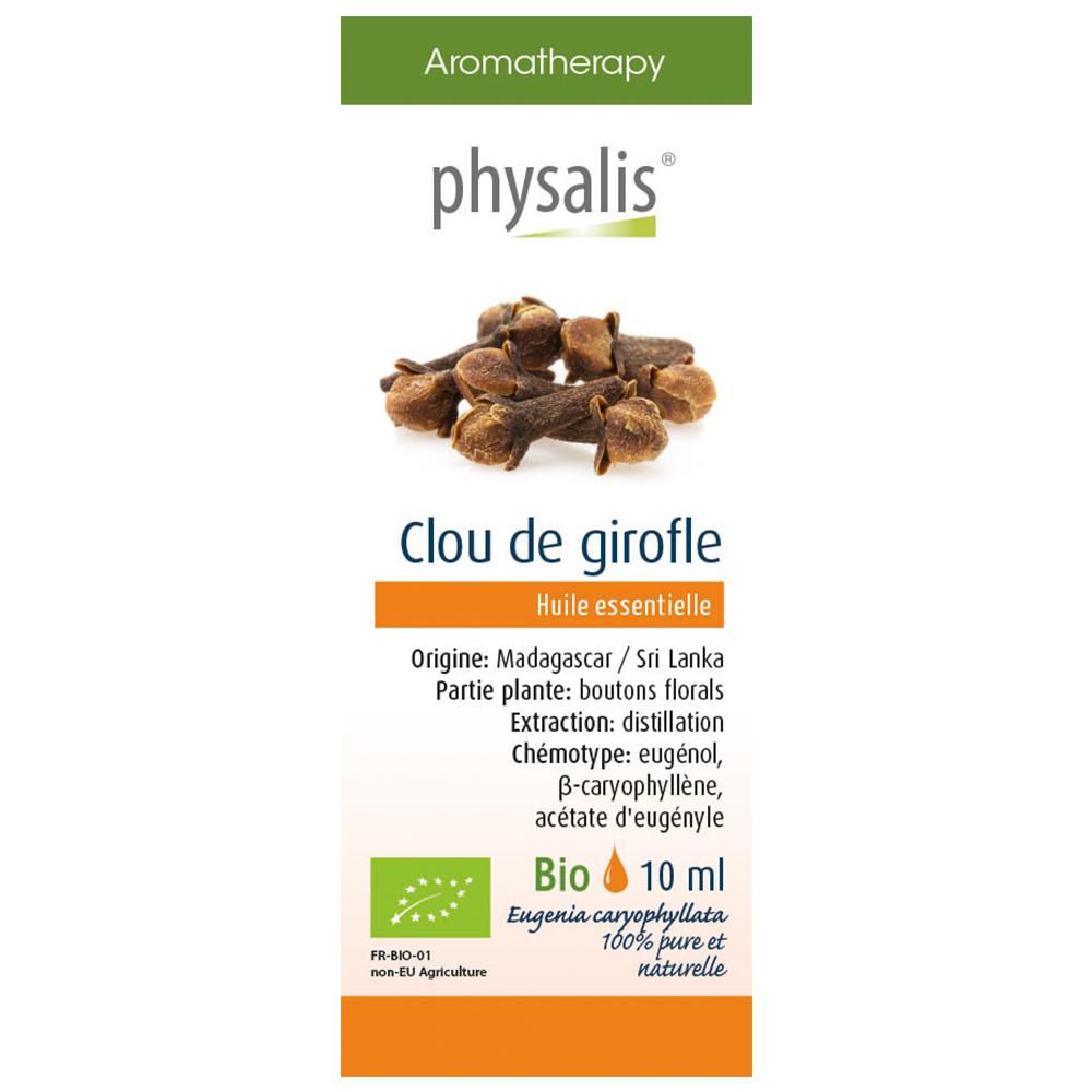 Emballage du produit avec flacon et carton. Inscription : physalis, Clou de girofle, Huile essentielle, Bio, 10 ml.