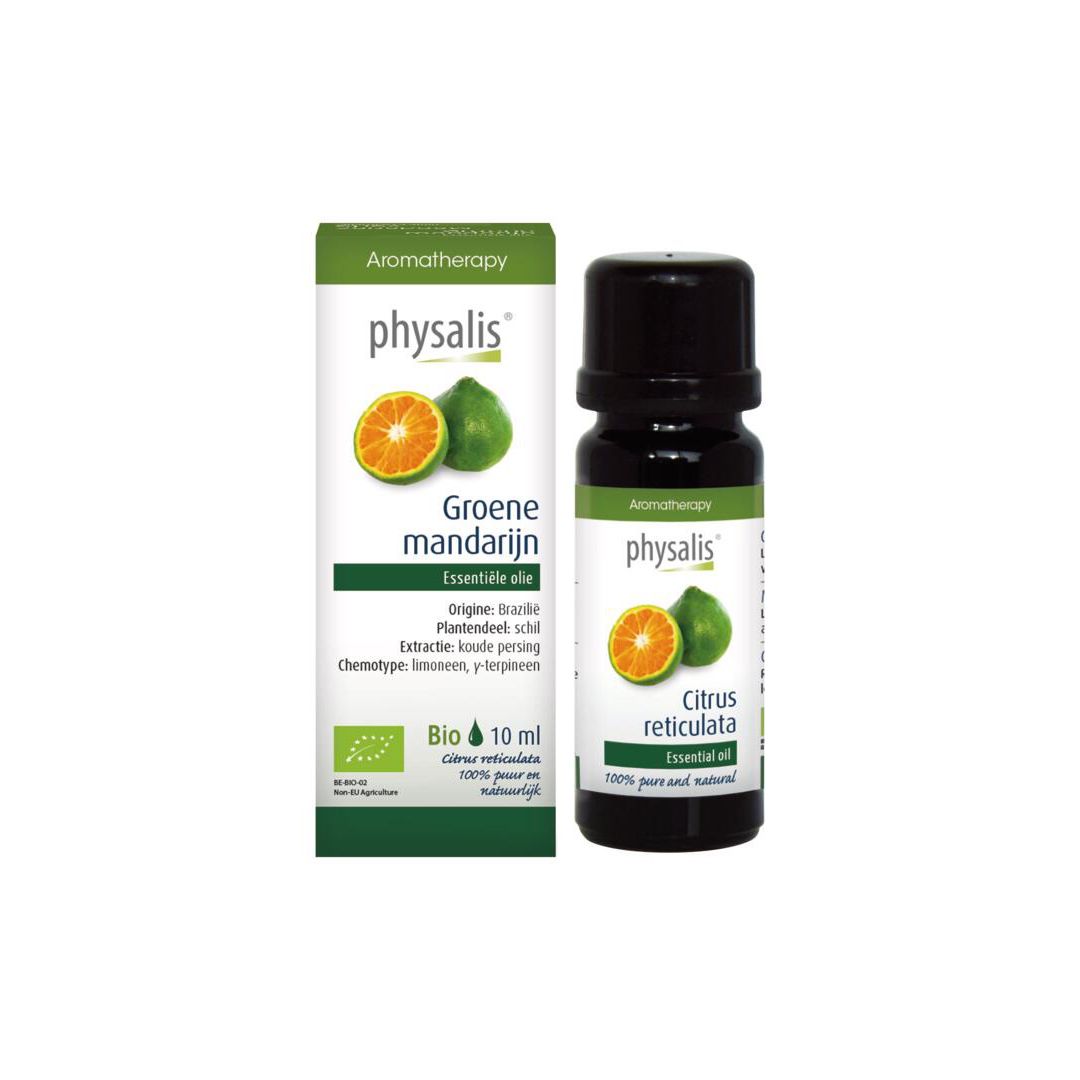 Physalis Groene mandarijn. Fles en doos. Aromatherapie. Bio-certificering. 10 ml. Afbeelding van mandarijn.