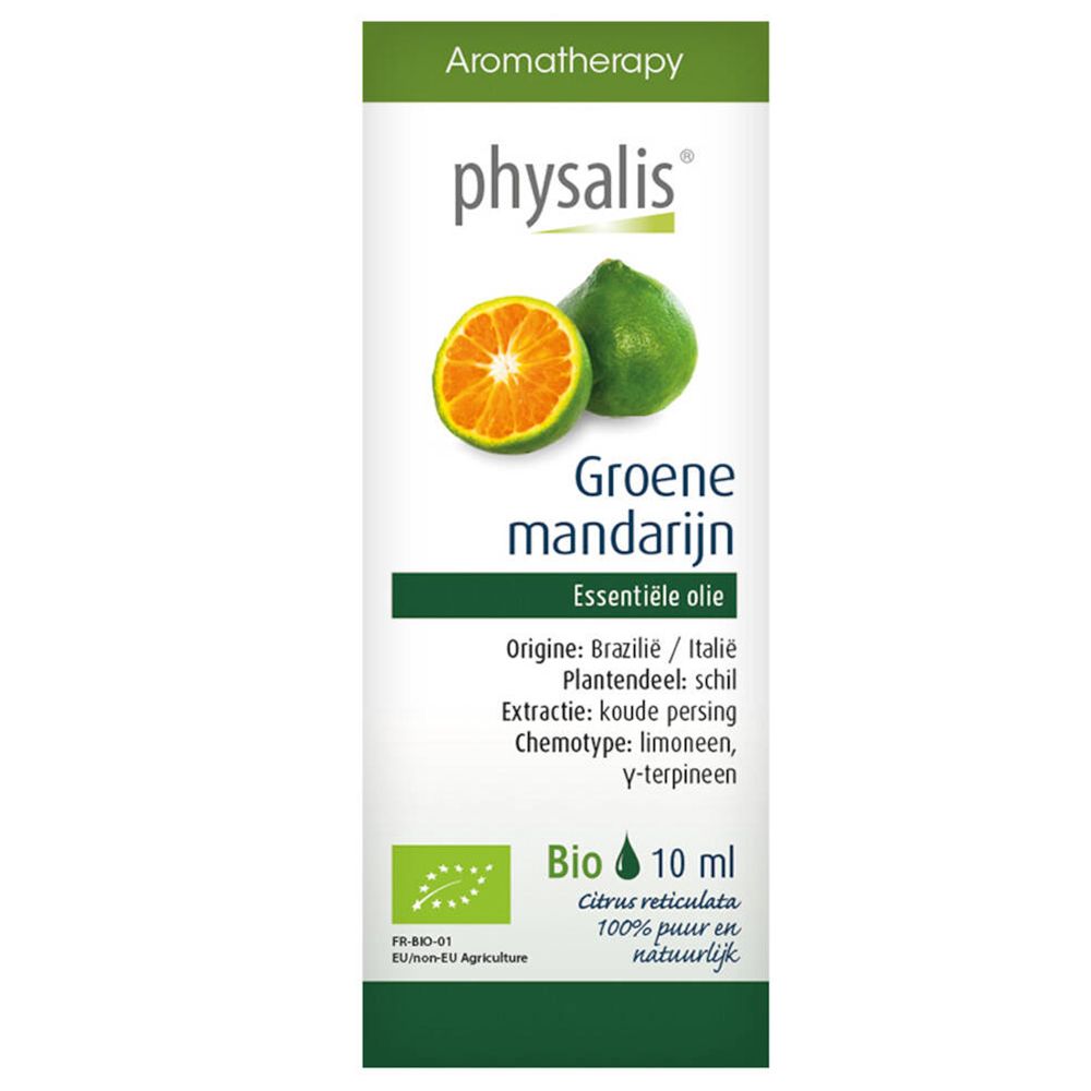 Physalis Groene mandarijn. Fles met etiket. Aromatherapie. Bio-certificering. 10 ml. Afbeelding van een mandarijn.