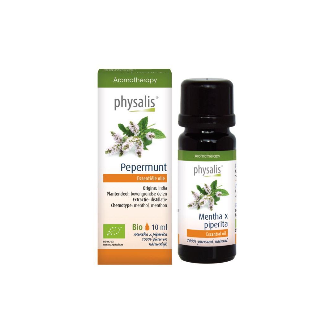 Kleine fles met zwarte dop. Etiket met productnaam, plantillustratie en bio-keurmerk. 10 ml.