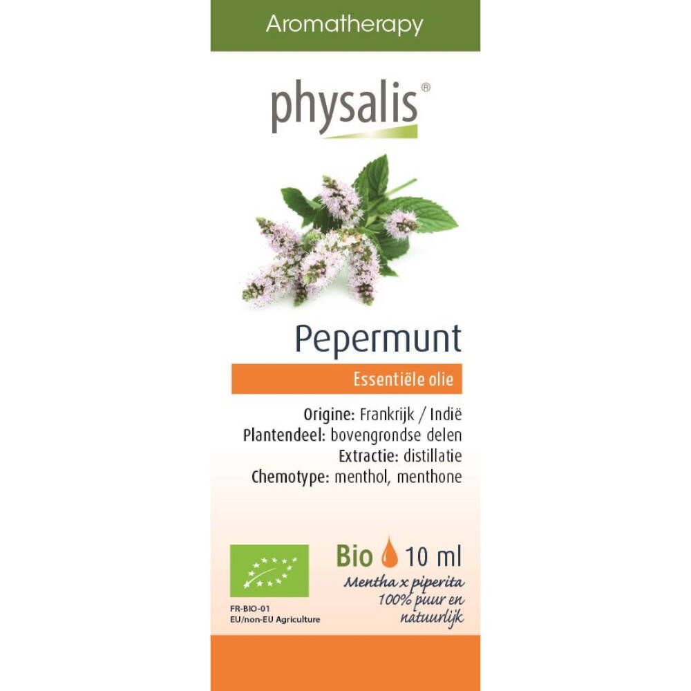 Kleine fles met zwarte dop. Etiket met productnaam, plantillustratie en bio-keurmerk. 10 ml.