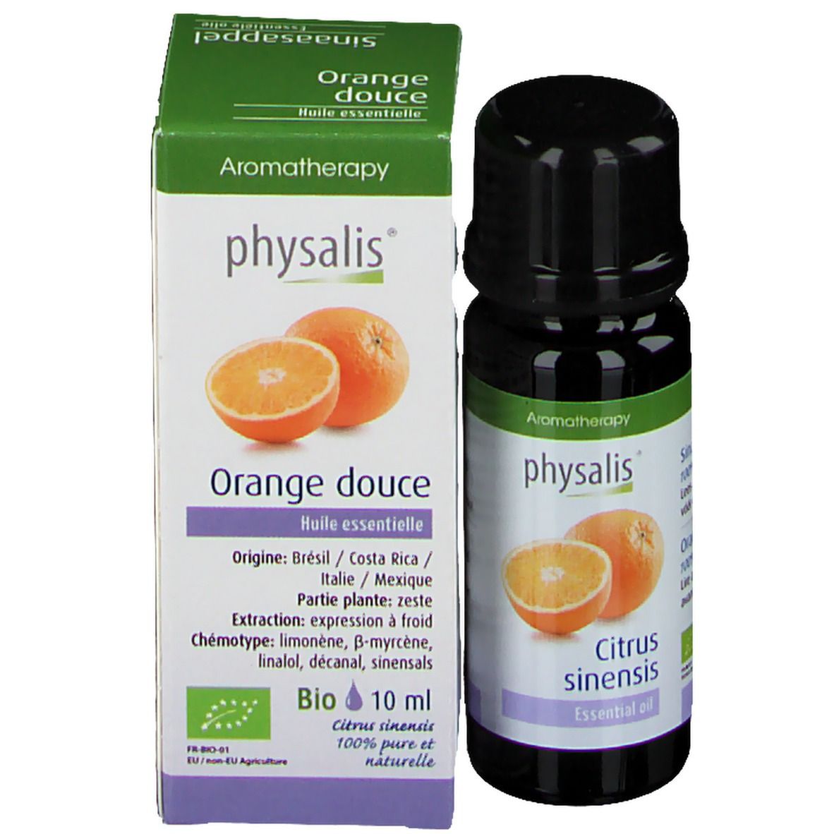 Flacon et emballage. Flacon avec bouchon noir, emballage avec nom du produit, image d'une orange.
