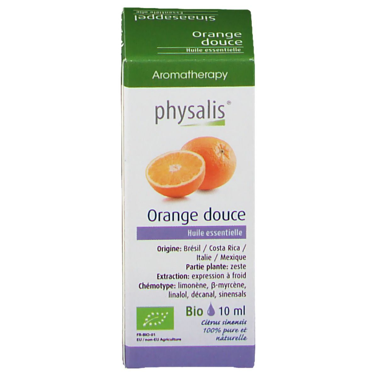 Emballage du produit. Boîte avec nom du produit, image d'une orange et texte.