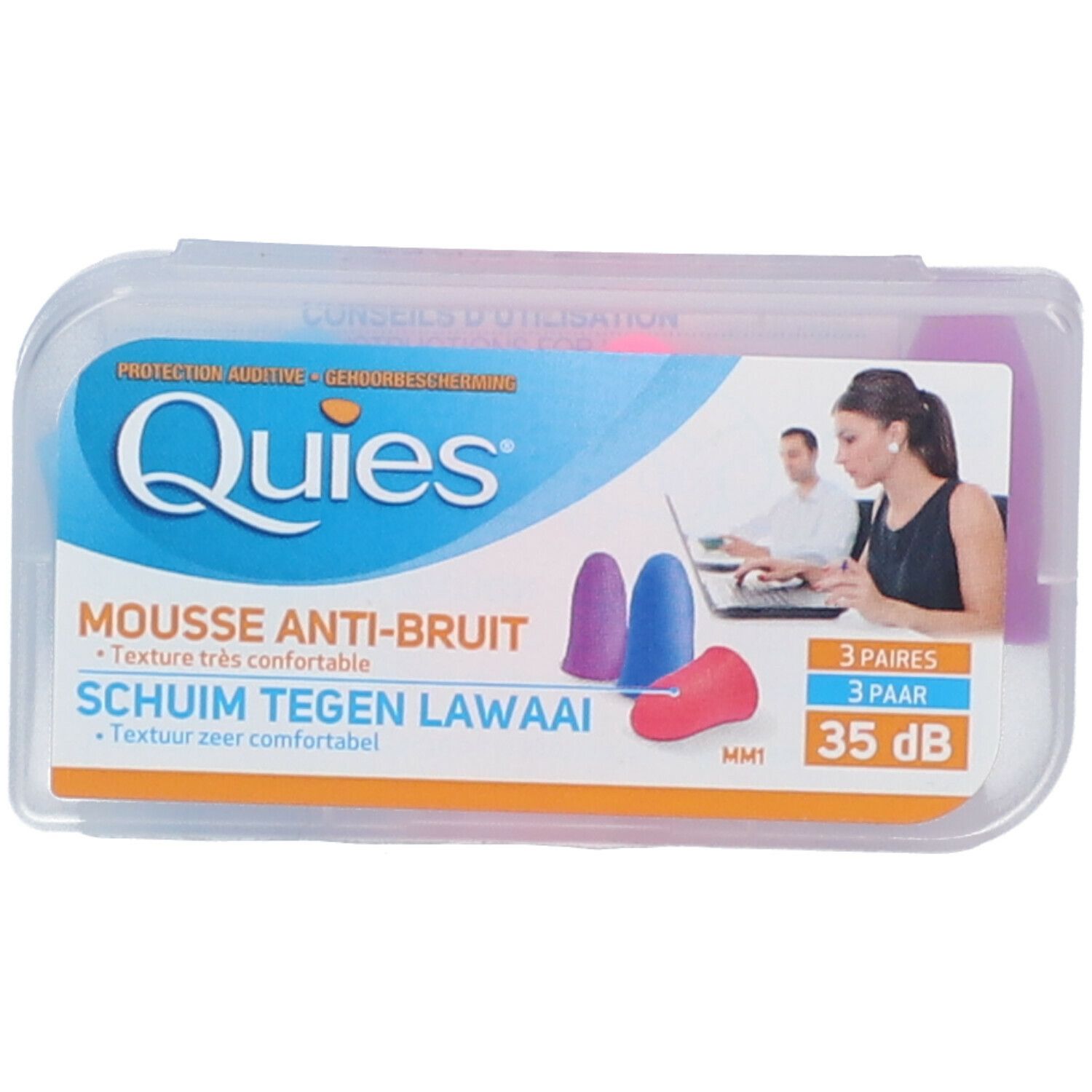 Verpakking met drie paar oordopjes. Blauwe, roze en paarse oordopjes. Tekst: Quies, Mousse Anti-bruit, 35 dB.