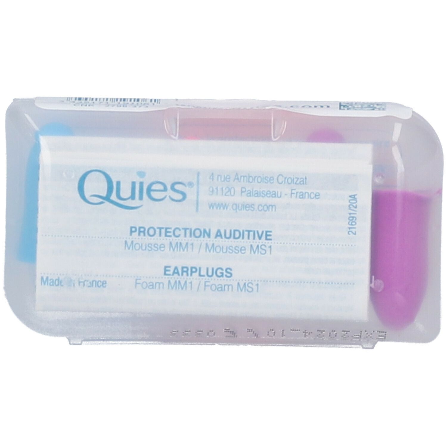 Transparante verpakking met blauwe en paarse oordopjes. Tekst: Quies, Protection Auditive, Earplugs.