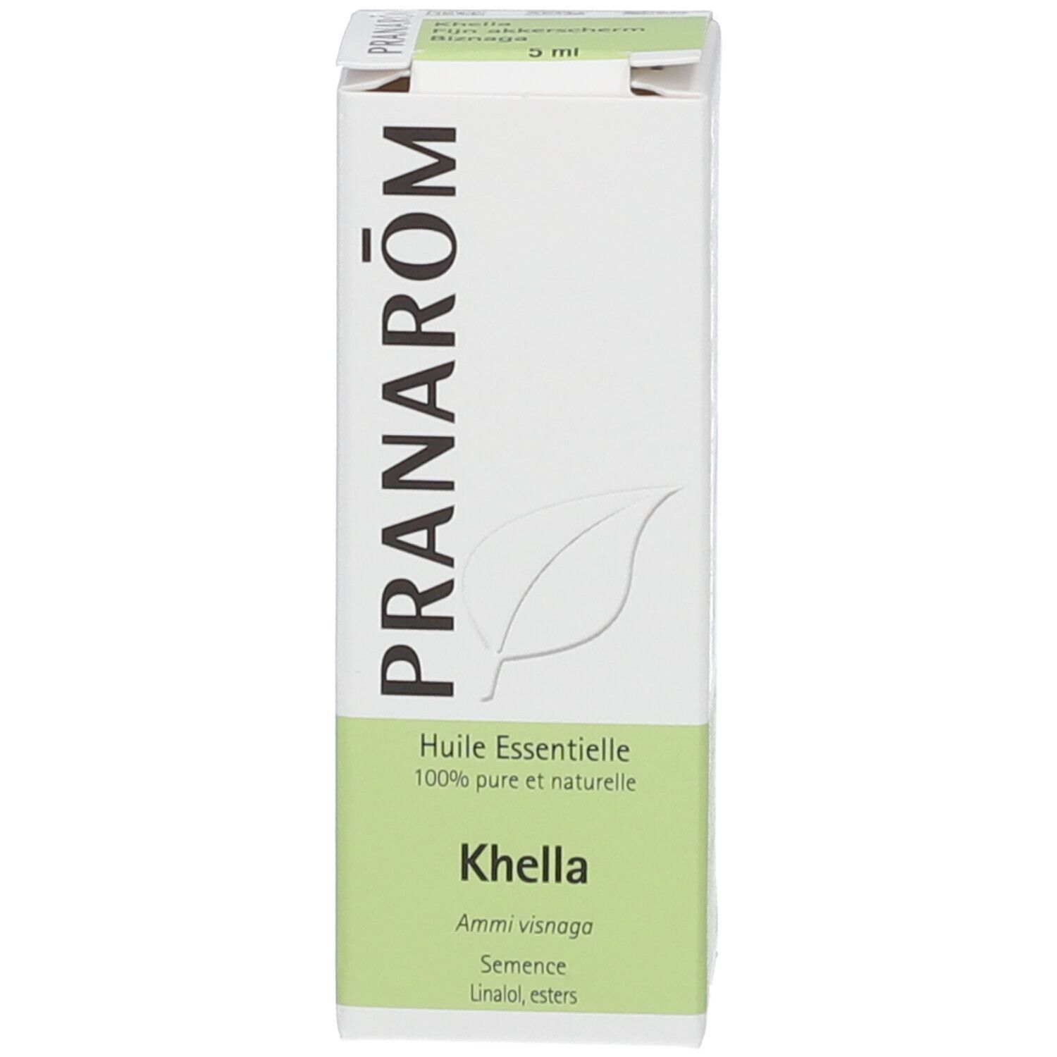 Emballage carton avec nom du produit, marque Pranarôm et ingrédients. Blanc avec accents verts. Logo feuille.