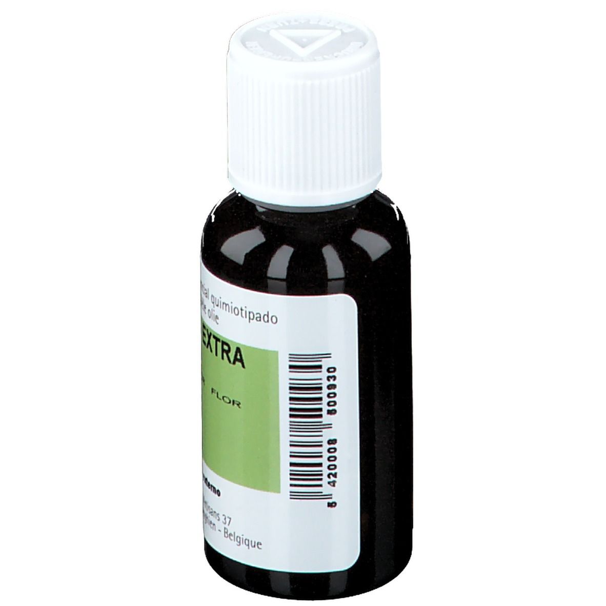 Braune Glasflasche mit weißem Verschluss. Etikett mit Text: CANANGA ODORATA EXTRA. Barcode. PRANAROM. Chemisch definierte ätherische Öle.