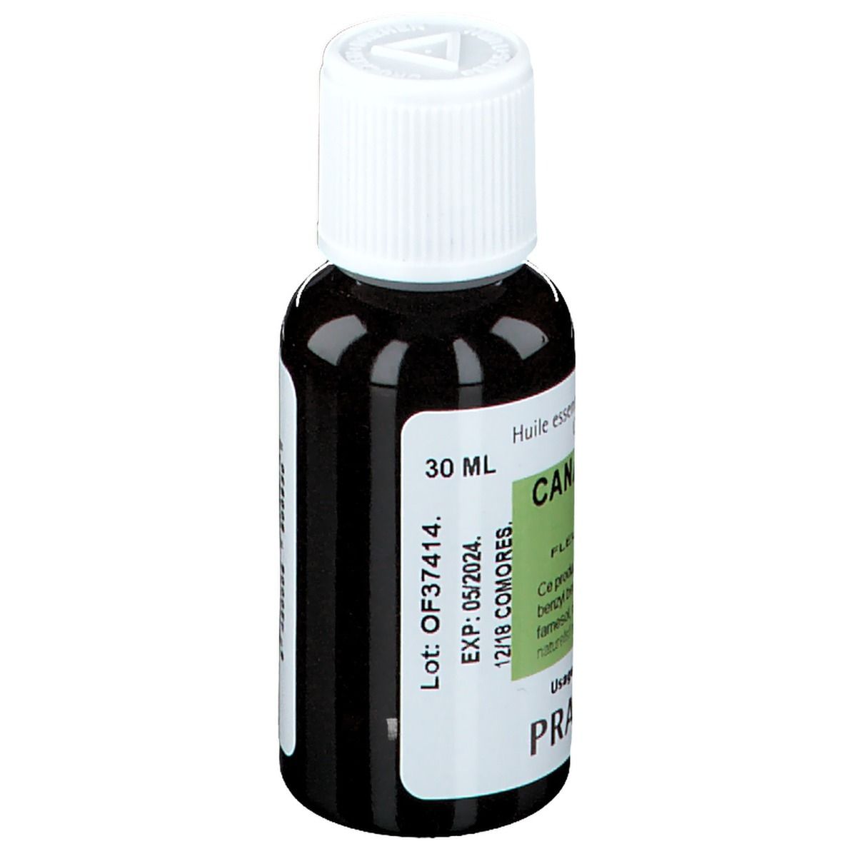 Braune Glasflasche mit weißem Verschluss. Etikett mit Text: CANANGA, 30 ml, PRANAROM. Haltbarkeit: 05/2024.