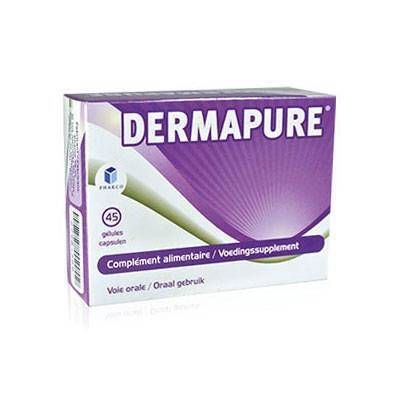 Boîte "DERMAPURE" avec 45 gélules. Complément alimentaire. Design violet et blanc.