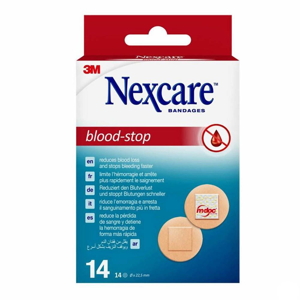 Boîte de pansements hémostatiques Nexcare. Contient 14 pansements. Inscription : blood-stop. Avec logos 3M et Nexcare.