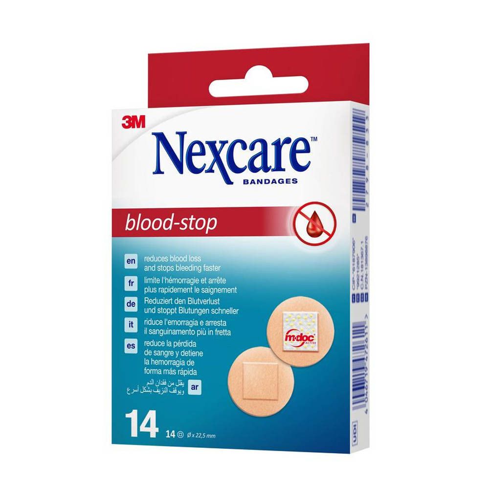 Boîte de pansements hémostatiques Nexcare. Contient 14 pansements. Inscription : blood-stop. Avec logos 3M et Nexcare.