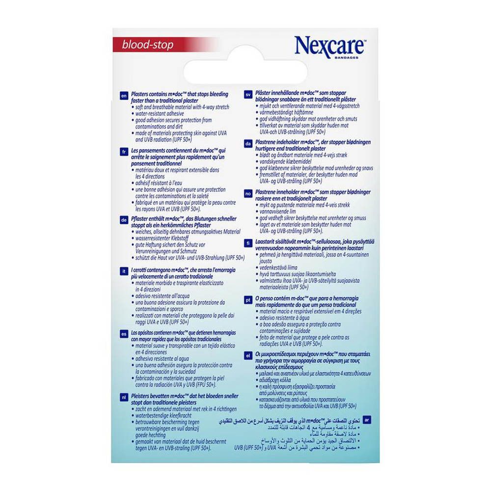 Dos de la boîte de pansements hémostatiques Nexcare. Texte multilingue. Contient des informations sur les pansements.