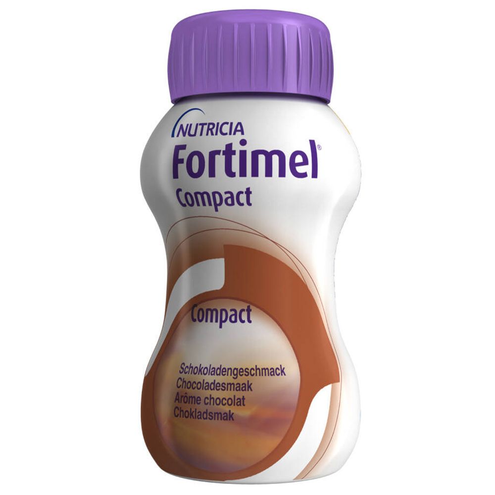 Bouteille individuelle Fortimel Compact Chocolat. Blanc avec design marron. Bouchon violet. Goût chocolat.