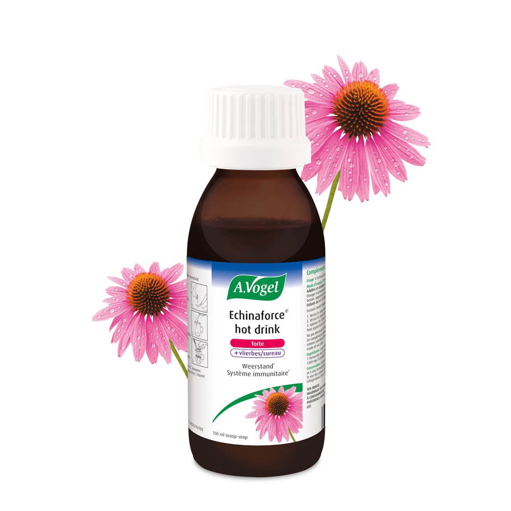 Flacon marron avec bouchon blanc. Inscription: A.Vogel Echinaforce hot drink forte. Avec fleurs.