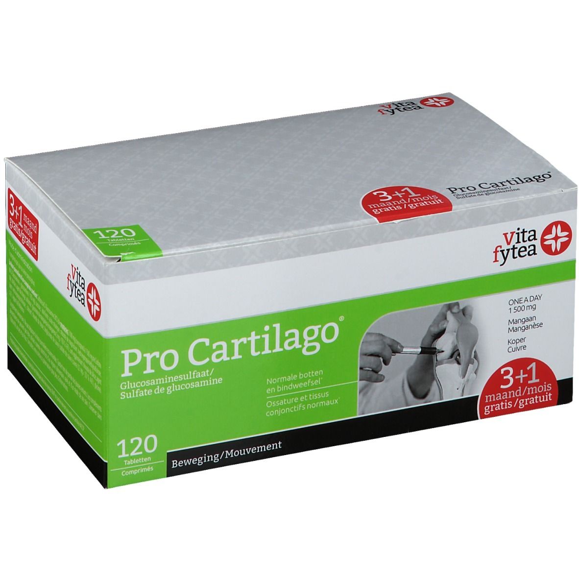 Boîte de Vitafytea Pro Cartilago. Boîte grise avec accents verts et rouges. Contient 120 comprimés.