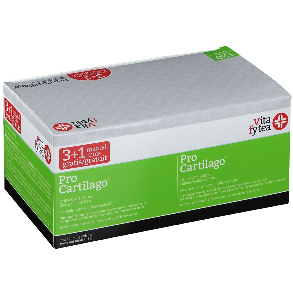 Emballage Vitafytea Pro Cartilago. Boîte grise avec design vert. Contient 120 comprimés. Nom et logo visibles.