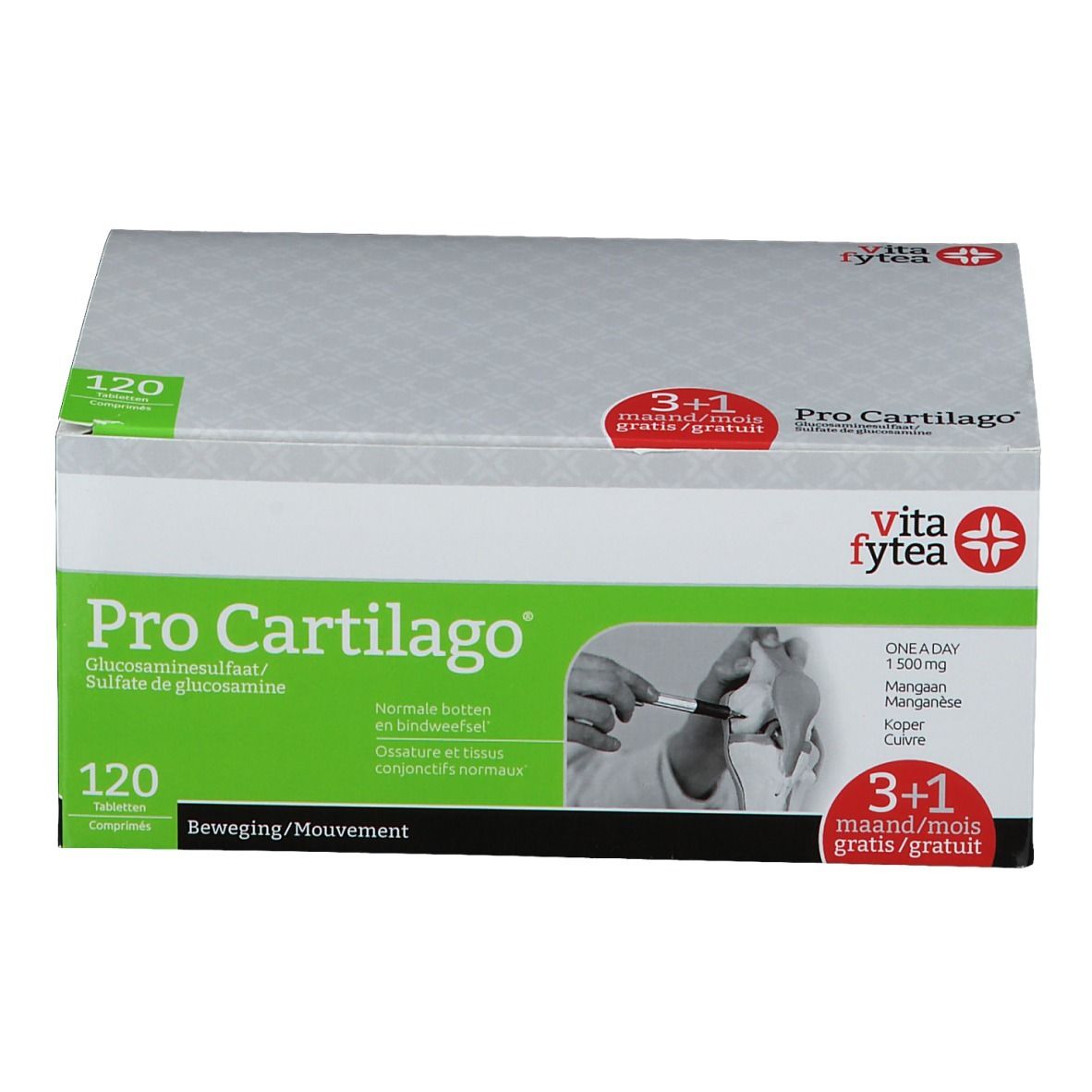 Emballage Vitafytea Pro Cartilago. Boîte grise avec design vert. Contient 120 comprimés. Nom et logo visibles.
