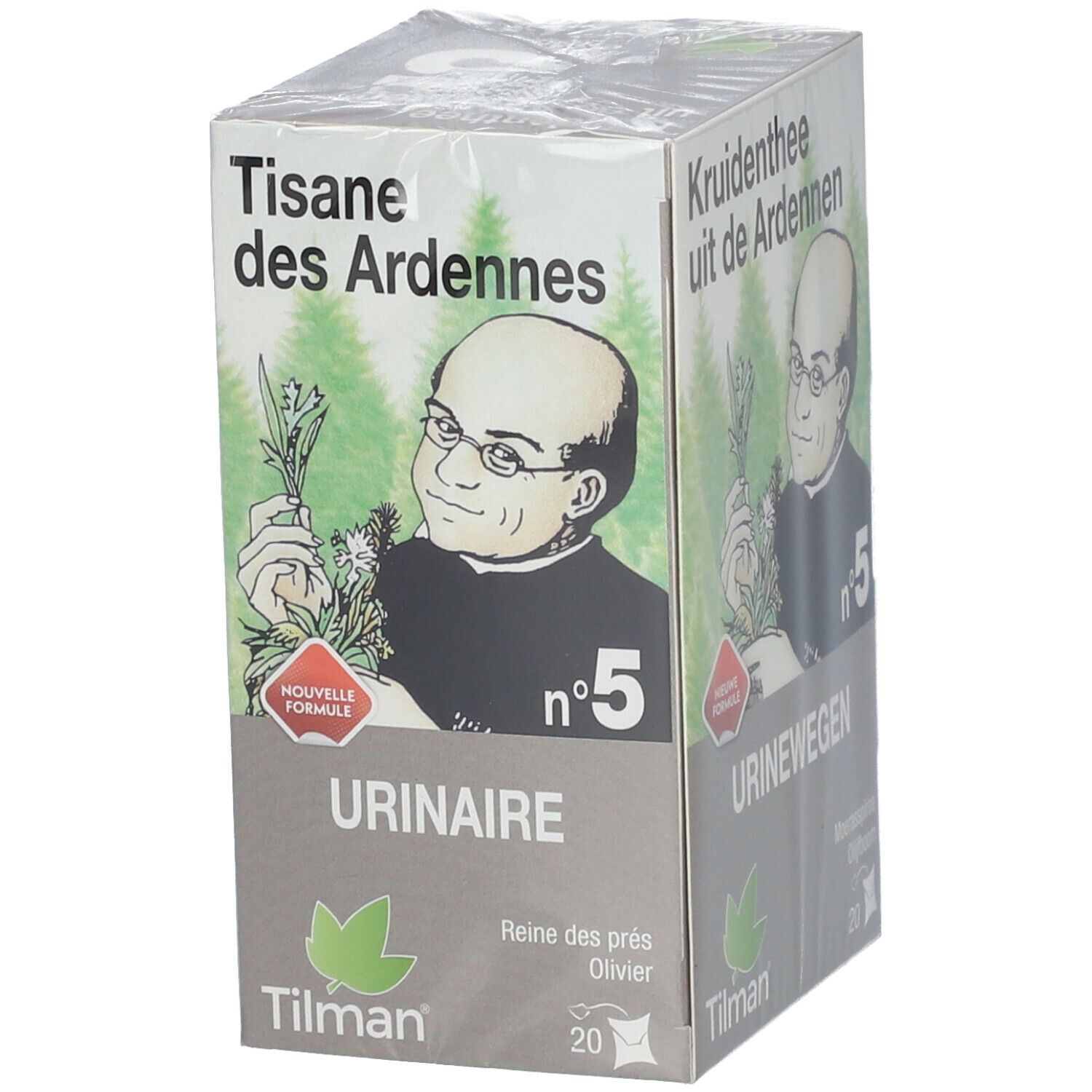 Tisane des Ardennes n°5 Urinaire. Boîte avec illustration d'un homme et des herbes. Marque Tilman.