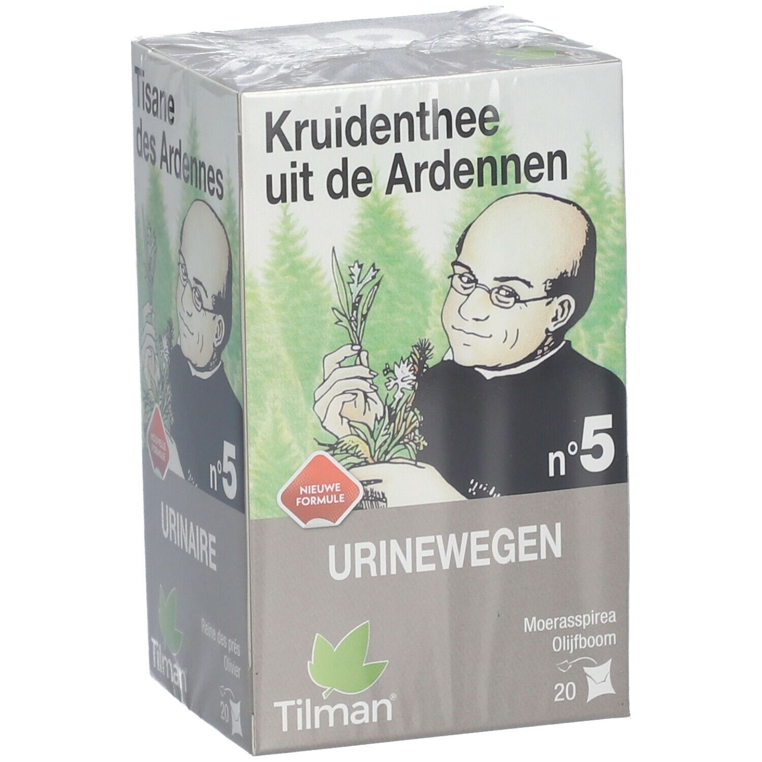 Tisane des Ardennes n°5 Urinaire. Boîte avec illustration d'un homme et des herbes. Marque Tilman. 20 sachets.