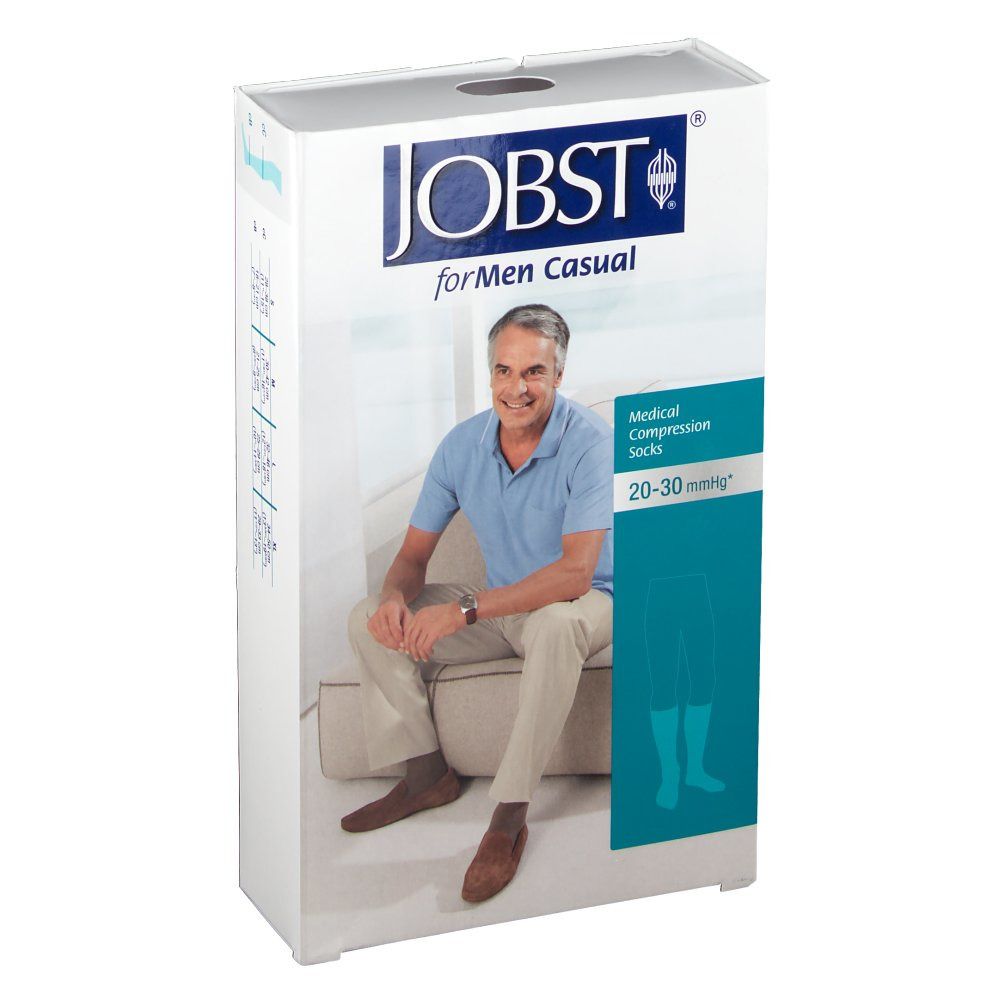 Verpakking JOBST for Men Casual compressiekousen. Man op bank. Medische compressiekousen 20-30 mmHg.