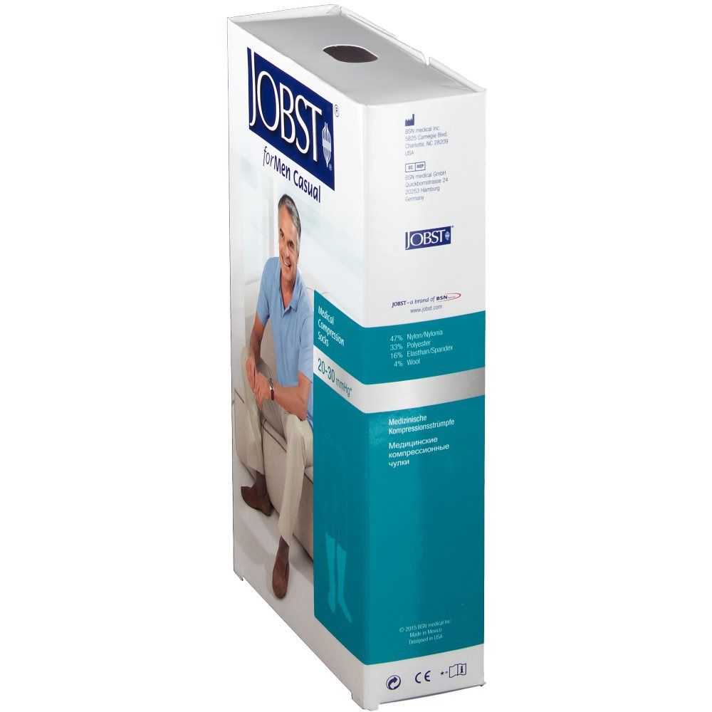 Verpakking JOBST for Men Casual. Medische compressiekousen 20-30 mmHg. Productillustratie. Schuine weergave.